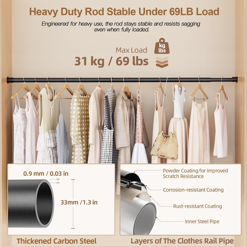 Closet Rods for Hanging Clothes, 16.5 to 79 Inches Adjustable