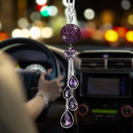 OTOSTAR Bling Crystal Ball and Drops Car Hanging Accessories, Car Rear View Mirror Pendant Charms Interior Sun Catcher Ornament, Bling Car Accessories for Women Girls (Dark Purple)