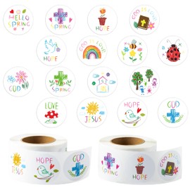 Haooryx 1000pcs Spring Theme Christian Religious Sticker Rolls, 16 Designs Crayons Drawing Style Cartoon Religious Sticker Cute Jesus God Is Love Hello Spring Sticker for Kids Sunday School VBS Supply