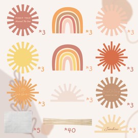 G1ngtar 30Pcs Boho Sun Party Centerpiece Sticks Table Toppers Hippie Rainbow Muted Sun Table Decor First Trip Around the Sun Birthday Party Decoration Baby Shower Supplies for Baby Boys Girls