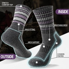 EBMORE Womens Merino Wool Hiking Socks Thermal Winter Warm Compression Crew Cushion Work Gift Socks Stocking Stuffers for Women 5 Pairs(Purple Grey,M)