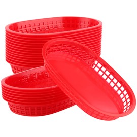 KOHAND 24 Pack 11 x 7 Inch Red Fast Food Basket, Plastic Oval Shaped Fast Food Serving Basket, Deli Food Service Basket for Bread, Hot Dog, Burgers, Sandwiches, Fries, Barbecues