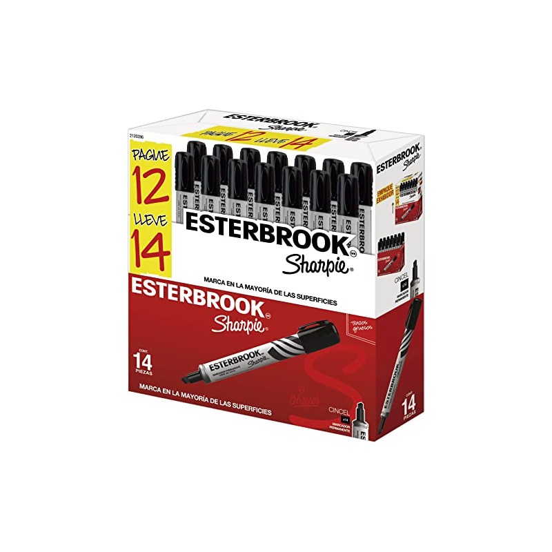 Sharpie Esterbrook Marcadores Permanentes, Punta Cincel, Negro, 14 Piezas