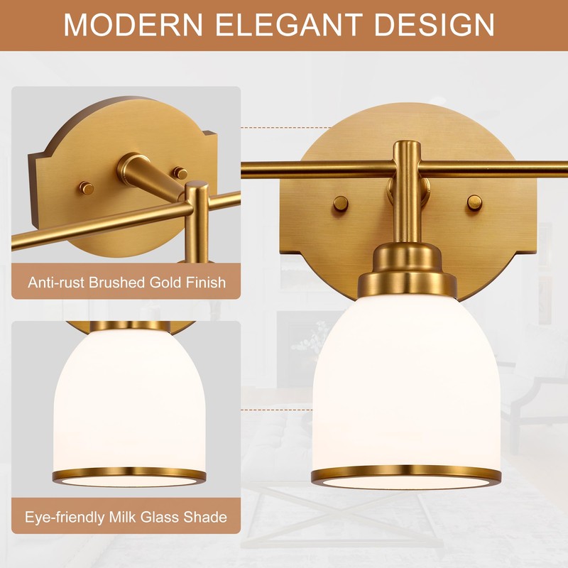 EvmVom 3-Light Brushed Gold Bathroom Light Fixtures, with Milk White