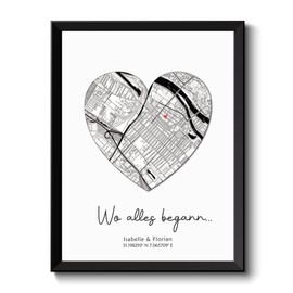 Poster Stadtplan als Herz | Personalisiertes Bild "Wo alles begann" | Geschenk Partner Hochzeit Jahrestag Hochzeit | Minimalisticher Stil Schwarz-Weiß Koordinaten
