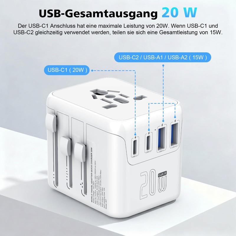 Refined Living Travel Adapter Worldwide, Universal Travel Plug with 2