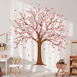 Pink Peach Flower Tree Wall Decal Large Cherry Blossom Tree Wall Sticker Pink Flower Birds Stickers Art Decals for Bedroom Living Room Sofa TV Background Home Decor