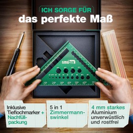 5-in-1 Carpenter's Square [100% Aluminium] - 180 mm Try Square & Carpenter's Square, Includes Deep Hole Marker & 6 Refills, 90 and 45 Degree Try Angle, with Video Instructions, Metric System