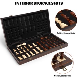 LEAP 15 inch Wooden Folding Chess / 3 inch King Height Chess Pieces, Portable Travel Chess Board Folding Board - Artificial Ebony & Maple Inlay