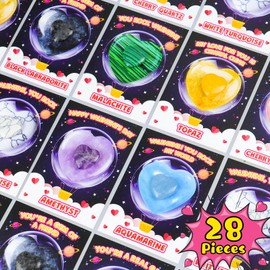 Anpow Anpow Valentines Day Gifts for Kids Classroom: 28 Pack Valentines Cards Goodie Bags with Heart Stones Bulk Valentine Exchange Gifts Gemstone Crystal Rocks for Boys Girls Classroom Prizes Party Favors