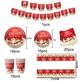 Christmas Party Tableware Set 16 Guests,Xmas Table Decorations Disposable Dinnerware Set Plastic Tablecloth Napkin Christmas Banner Paper Plates and Cups for Christmas Party Supplies Tableware Decor
