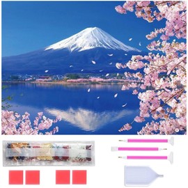 Diamond Art, Rinimie Diamond Art Kit, Cherry Blossoms, Mt. Fuji Diamond Beads Painting Kit, 5D Mosaic Art, DIY, Handmade Painting, Craft Kit, Diamond Painting, Fully Adhesive Type, Art, Home