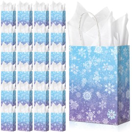 24 Pcs Winter Snowflake Gift Bags, Blue and Purple Snowflake Goodie Bags Bulk with 24 Tissue Paper, Holiday Kraft Paper Party Favor Bags with Handles for Birthday Christmas Winter Wonderland