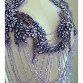 JRYYR Purple Rhinestone Tassel Applique, Flower Shape, 11.46" x 12.2", Sewing, Formal, 1 Piece