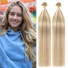 MY-LADY U Tip Hair Extensions Human Hair Golden Brown & Bleach Blonde 16 Inch 50G 50Strands K Tip Keratin Bond Hair Extensions Fusion Utip Ktip Pre Bonded Hair Extensions Real Remy Hair