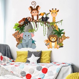 Eutecado Jungle Animals Wall Decals Safari Wall Stickers for Nursery, Forest Elephant Giraffe Wall Decor Stickers Monkey Bear Lion Deer Art Decals Peel and Stick Wall Decorations for Kids Room