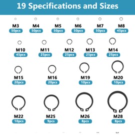 Snap Ring Set, 535 Pieces Circlips Set, Internal Outdoor E-Clips Snap Rings Assortment Set, Clamping Ring Locking Washers Black, C-Clips Retaining Ring Washers for Shafts, 19 Sizes