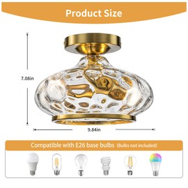 Modern Semi Flush Mount Ceiling Light, 9.89" 2-Light Gold Hallway Light fixtures with Hammered Glass Lampshade, Elegance Ceiling Lights for Hallway, Entryway, Bathroom, Foyer, Laundry, Kitchen