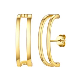 FOCALOOK Double Earrings Silver 925 Women's C Shaped Earrings Stud Earrings Silver Wrap Stud Earrings Piercing Ear Earrings Silver Jewellery, Yellow Gold, No Gemstone
