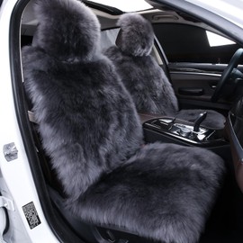 AOGELAN Sheepskin Car Seat Cover, Fluffy Fuzzy Long Wool Front Auto Cushions, Universal Fits Most Vehicle SUV Truck Minivan, Airbag Compatible (Charcoal)