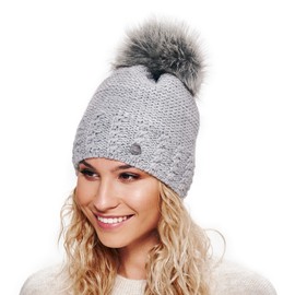 EliMeli® 14503 women's winter hat, warm knitted hat with bobble Slouch, knitted beanie for winter bobble hat, Made in EU, choice of colours., grey