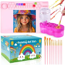 Silicone Painting Mat Set 23.6" x 15.75" with Brush Cleaner & 10 Brushes – Non-Slip, Washable Art Station for Watercolor, Acrylic & DIY Crafts (Pink)