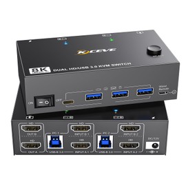 8K KVM Switch 2 Monitors 2 Computers, KCEVE Dual Monitor USB 3.0 HDMI KVM Switches, Support 7680x4320@60Hz, 3840x2160@120Hz Resolution for 2 Computers Share Mouse Keyboard and Monitor