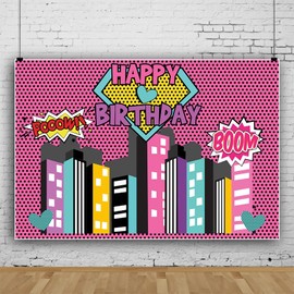 Renaiss 5x3ft Skyscrapers Backdrop for Photoshoot Kids Boy Girls Portrait Black Dots Bomb City Scenery Superhero Pink Photography Background Happy Birthday Banner Bday Party Decors Photo Booth Props