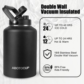 ABOTOCUP 1.5 Gallon Water Jug with Wide Mouth, 192oz Insulated Water Bottle Keep Cold24h&Hot12h, Comes with Ergonomic Handle, Two Double Walled 16oz 18/8 Stainless Steel Cups Thermo Canteen Mug