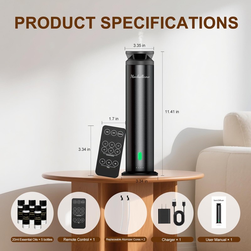 Monhallnow Waterless Scent Diffuser Starter Kit – 1000 Sq Ft