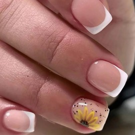 Press on Nails Short Square Fake Nails with White French Tip False Nails Sunflower Press ons Glossy Designs Acrylic Nails Press on Artificial Nails Stick on Nails For Women Girls 24Pcs