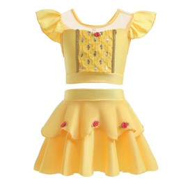 AmzManch Girls 2-Piece Swimsuit Princess Belle Bathing Suit for Role Play Dress up Kids Beach Party Swim Suit Ruffle Sleeve Bikini Set Pool Party Water Sport Swimming Tankini Size 2T/1-2Years