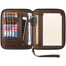 Ringsun A5 Leather Journal Notebook Cover 5 x 8 inch Portfolio, Zippered Business Padfolio Organizer Folder Dark Brown Color with Notepad Holder, Card Slots, Pen Loop