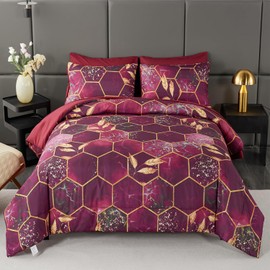 ANGIYUIN 7Pcs Burgundy and Gold Bed-in-A-Bag Honeycomb Hexagon Full Comforter Sets, 3D Geometric Watercolor Comforter Bedding Sets, Foil Print Bed Sets with Sheets for All Season (Burgundy, Full)