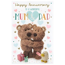 Mum and Dad Anniversary Card - Barley Bear Teddies and Love Hearts Design - Special Finishes and Illustrated Insert Leaf - Made in the UK - Eco-Friendly