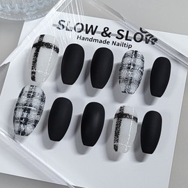 [Sl&Sl Nail Tip] Black check nail - Stiletto / [슬앤슬네일팁] 블랙체크네일 - 스틸레토