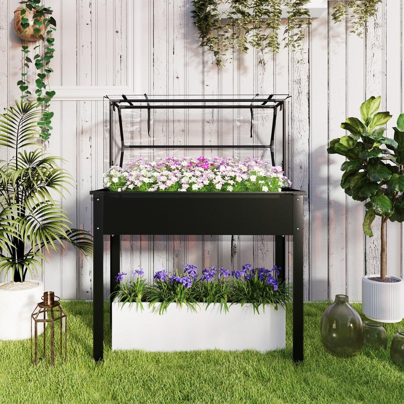 Outsunny Raised Garden Bed with Flip-Up Greenhouse Cover, Elevated Planter