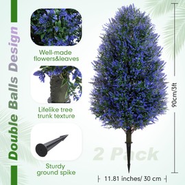Daifunli 2 Pack 3ft Artificial Lavender Topiary Tree Faux Lavender Bush Large Outdoor Plants, Topiary Ball with Ground Spike UV Resistant, Fake Shrub Greenery Plants Tree for Porch, Home, Garden Decor