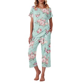 Ekouaer Women's Pajama Sets Short Sleeve Pjs Soft Lounge Sets Capri Sleepwear with Pockets Blue Flower L