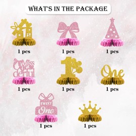 Maicaiffe Mrs Onederful Table Honeycomb Centerpieses Decorations - Glitter 8 Pcs Princess Girls First Birthday Party Table Toppers Decor - Gender Reveal - Baby Birthday Party Decoration Supplies