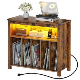 DWVO LED Glow Turntable Stand with Integrated Power Ports & Rotating Display Racks | Modern Album Organizer for Living Room Turntable Setup | Vintage Brown