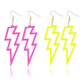 Neon Acrylic Earrings Lightning Boltt, 2 Pairs 80s Earrings Women Retro Colorful Earrings, Punk Flash Thunder Hook Earrings Dangle Earrings for 80s Party Costume Accessory (Rose Red + Yellow)