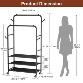 Furologee Clothes Racks for Hanging Clothes, Portable Rolling Garment Rack, Sturdy Metal Freestanding Cloths Racks with Wheels, Double Rods Wardrobe Rack for Bedroom Laundry Living Room