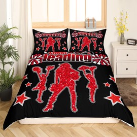 Cheerleading Children's Duvet Cover Set S Size, Girls Gymnastics Cheering Team Bedding Set Boys Teens Women Room Decor, Red Glitter Stars Black Comforter Cover Fashion Quilt Cover, 1 Pillowcase