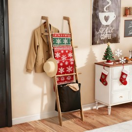67-Inch Farmhouse Blanket Ladder with Basket, Rustic Wooden Display Ladder for Throws, Blankets, Quilts & Towels, Sturdy Wall Leaning Decorative Storage Rack for Bedroom, Living Room and Bathroom