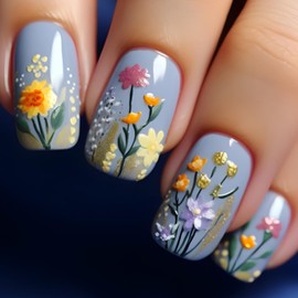 Viugex 24Pcs Short Square False Nails, Blue French Tip Press on Nails 3D Embossed Flower Acrylic Fake Nail Set, Handmade Full Cover Small Gel Stick on Nails for Women Girls Daily Holiday Wear