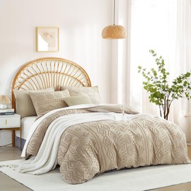 Sedefen Boho Bed Linen 135 x 200 cm Khaki Tufted Geometric Pattern Reversible Bedding Set Embroidery Shabby Chic Bohemian Duvet Cover with Zip and 1 Pillowcase 80 x 80 cm