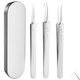 Black Head Tweezers,3 Pcs Blackhead Remover Comedone Extractor Tool Face Black Head Needle Curved Tip Acne Tweezers Kit with Metal Box Stainless Pimple Removal Tools Kit for Facial Nose Unisex