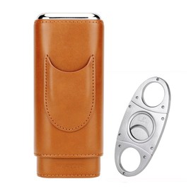 PIPITA Cigar Case Portable Travel 3 Tubes Elegant Cigar Humidors Made of Leather with High-End Stainless Steel Cigar Cutter Portable Gift Bag