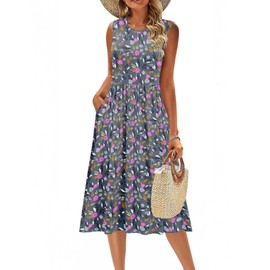 Zeagoo Women Spring Summer Dress 2025 Casual Loose Sleeveless Tank Midi Sundress with Pockets Floral Print Aline Flowy Swing Beach Sundresses